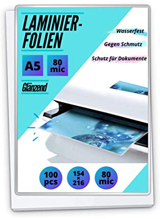 100 PREMIUM Laminierfolien DIN A5 (154 x 216 mm) - glänzend - 2 x 80mic (160 mic) - Heißlaminierfolie, Folientaschen, transparent