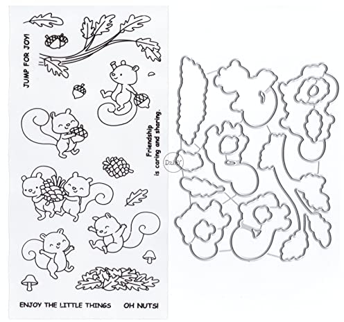DzIxY Eichhörnchen Tannenzapfen Transparente Stempel und Metall Stanzformen Sets für Kartenherstellung Scrapbooking Papier Kunst Bastelset Zubehör Transparente Silikondichtungen Stempeln