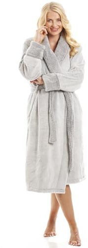 Camille Women's Super Soft Fleece Dressing Gown | Deep Pile, Shaggy Knee-Length Bathrobe, Collar, Long Sleeves, Wrap Belt & Front Pockets, Lightweight, Comfy Housecoat