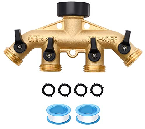1 Pack 4 Way Hose Splitter, Heavy Duty Brass Garden Hose Splitter, for 3/4 Hose Connector, Brass Garden Hose Manifold with Rubber Washers & Tapes(1 Pack 4 Way)
