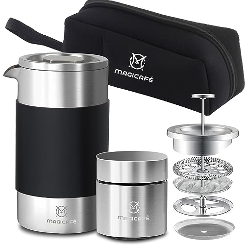 MAGICAFÉ French Press Coffee Maker Set, Portable French Press with Mini Coffee Canister and Collection Bag, Single Serve 1 Cup Small Stainless Steel Double Walled Coffee Press 350ml/12oz