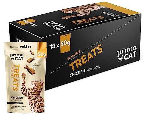 PrimaCat - Deliziosi morbidi per gatti con sapore di pollo e erba gatta 18 confezioni da 50 g