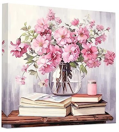 CCWACPP Pink Floral Canvas Wall Art - Rustic Flower Picture Wall Decor - Vintage Floral Plant Painting Poster - Bedroom Bathroom Decor - Frame (20x20inch)