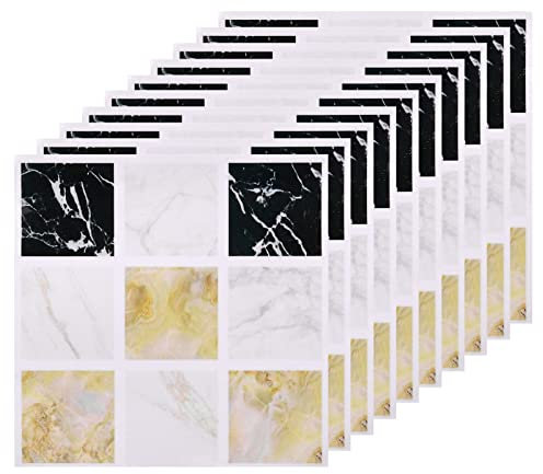 sourcing map Décollez et Collez Carreaux Dosseret, 25Pcs 3.94x3.94 Étanche Petit Taille Mosaïque Carrelage Autocollants Auto Adhésif pour Cuisine Salle-de-Bain, Jaune+Marbre Blanc