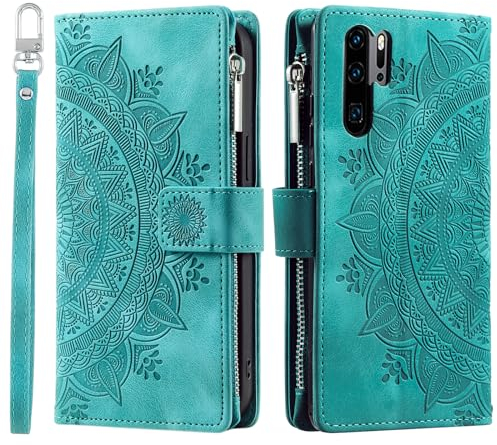 VEEMOS Handyhülle für Huawei P30 Pro hülle Klappbar Blumen Handytasche Schutzhülle Klapphülle mit Kartenfach Handy Tasche Book Cover Flip Case Ständer - Grün