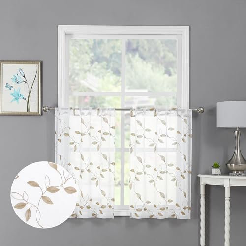 Tollpiz Taupe Leaf Sheer Tier Curtain Leaves Embroidered Kitchen Curtains Rod Pocket Voile Bathroom Window Treatment for Cafe, 30 x 36 inches Long, Set of 2 Panels
