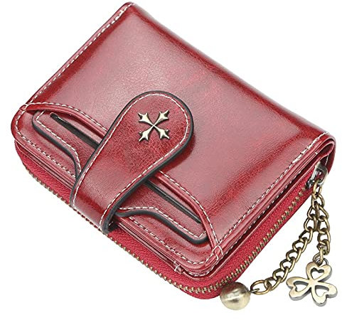 GGOOB Kleine Damen Geldbörse Reißverschluss Bifold Vintage Geldbörse Gothic Mini Geldbörse Leder Geldbörse mit Reißverschluss Münzfach, rot, S, Kompakt