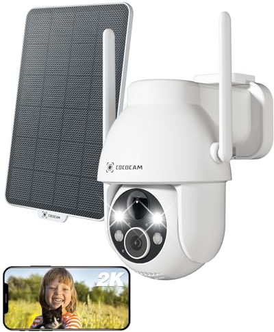 COCOCAM 2K Cámara Vigilancia WiFi Exterior con Panel Solar, PTZ Batería, Visión Nocturna a Color, AI Reconocimiento, PIR Detección, Cloud(Blanca)