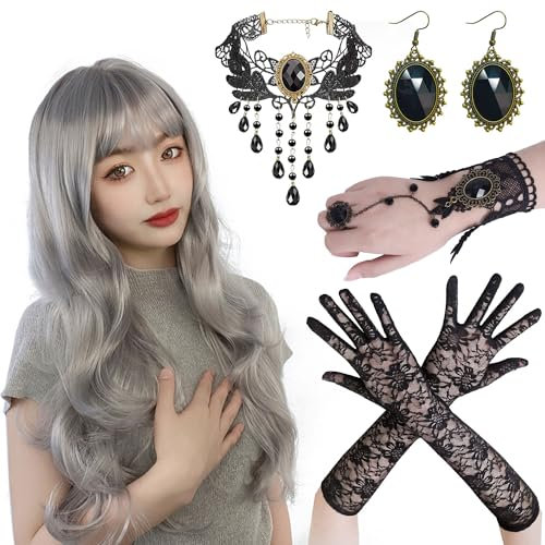 Sunshine smile Perücke Grau Lang,Perücke Damen Grau Lang Mit Gotisch Halskette Armbänder Ohrringe,Lace Handschuhe,Perücke Damen Fasching,Graue Perücke Damen,Perücke Silber,Halloween Perücke Damen