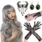 Sunshine smile Perücke Grau Lang,Perücke Damen Grau Lang Mit Gotisch Halskette Armbänder Ohrringe,Lace Handschuhe,Perücke Damen Fasching,Graue Perücke Damen,Perücke Silber,Halloween Perücke Damen