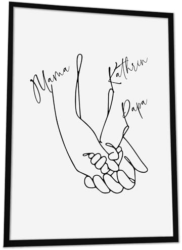 JUHMI Bild Familie Personalisiert mit Namen One Line Art, DIN A3 (30x42 cm) Rahmen wählbar, personalisierte Geschenke zum Einzug Hausbau Wohnung Einzugsgeschenk Deko Flur Bilder, 3 Köpfige Familie