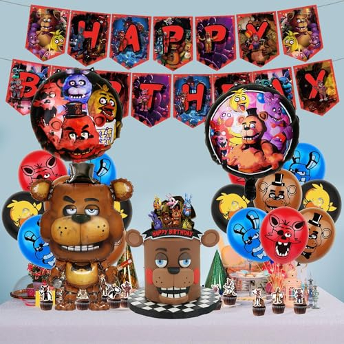 Five Nights at Freddy's Geburtstagsparty-Dekorationsset - enthält Geburtstagsbanner, Tortenaufleger, Deko-Luftballons, Kindergeburtstagspartybedarf mit englischem Titel