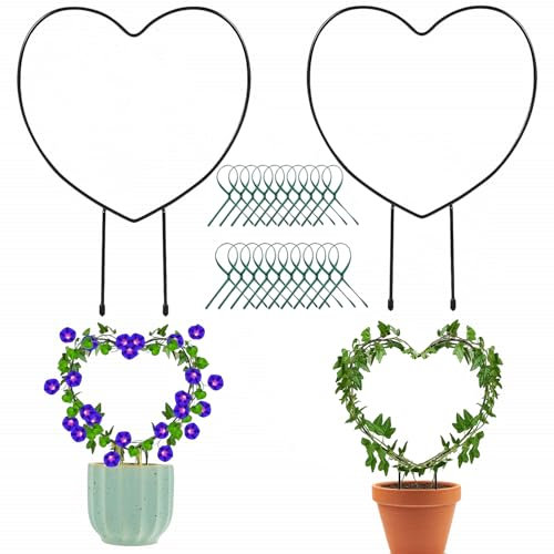 2PCS Heart Garden Trellis for Climbing Plants - Iron Support Stand with Coating, 20 Plant Twist Ties (2xHeart)