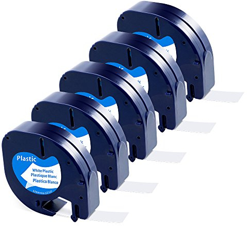 5 x Kompatibel mit Dymo LetraTag XR Schriftband 91221 White Plastic 12mm x 4m Bänder für dymo Letratag LT-100H LT-100T XR 200B, Kompatibel mit Dymo Etikettenband Schwarz auf Weiß S0721660