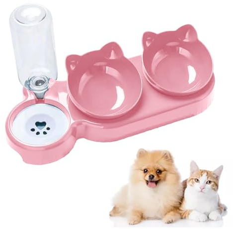 3-In-1 Cat Food & Water Bowl Set, Cat Bowls With Stand, Double Cat Bowls with Water Dispenser for Pet, Portable Food and Water Feeder for Small Medium Dogs Cats (Pink)