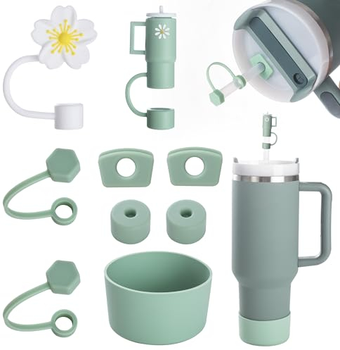 FOSFUKEER Stanley Cup-Zubehörset, enthält 6 auslaufsichere Silikonstopfen,2 Stück Strohdeckel, 1 Silikonhülle für Stanley Cup 1,2 l- und 850 ml-Becher,Cups nicht enthalten (Matcha-Grün)
