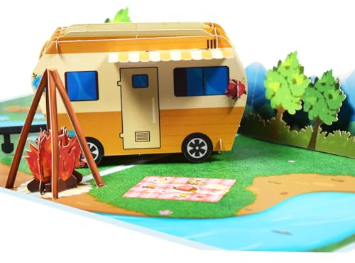CNLITIHEKA Campingausflug Pop Up Karte, Alles Gute zum Geburtstag Camping-Karte, Glückwunschkarte zum Ruhestand, 3D RV Traveler Pop-up-Karte für Frau Ehemann Mama Papa Tochter Sohn.
