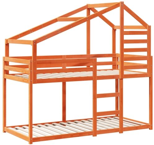 vidaXL Etagenbett, Hochbett mit Dach Leitplanken, Stockbett für Schlafzimmer, Bett Holzbett Einzelbett, Wachsbraun 90x190cm Massivholz Kiefer