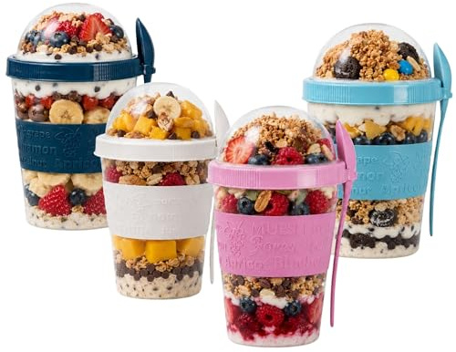 Suprano Reusable Yogurt Cups with Lid & Spoon 100% BPA Free Breakfast On the Go Cups with Topping Cereal 600ml Over Night Oats Container Smoothie Snack Jars (Blue Teal, Turquoise, White, Pink)