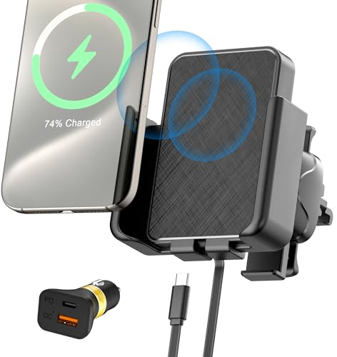 Polmxs Car Phone Holder Wireless Charger, 15W Wireless Car Charger Mount Air Vent Adjustable Phone Holder Fast Charging Station Compatible with iPhone 16/15/14/13/12/11, Samsung Galaxy, Google Pixel