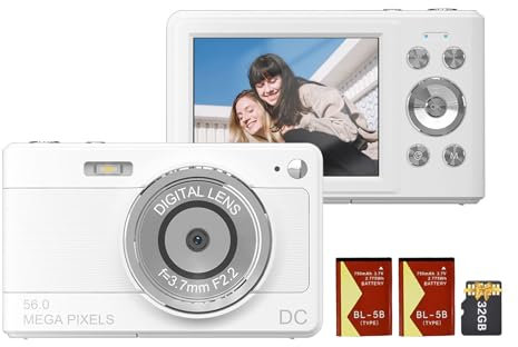 Andoer Fotocamera digitale 1080P, videocamera, videocamera, 56 MP, schermo IPS da 2,88 pollici, zoom digitale 8x, messa a fuoco automatica, anti-shake, con scheda di memoria da 32 GB, 2 batterie per