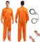 Häftling Kostüm Herren mit Handschellen, Orange GefäNgnis Kostüm mit Blut, Sträfling Kostüm, Orangener Overall, Gefangenenkostüm Karneval Cosplay für Sträflinge, Gefangene, Räuber - Größe L/XL