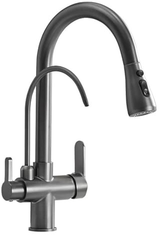 Trinkwasser 3-Wege-Filter Wasserhahn Küche - Küchenarmatur Mit Brause Ausziehbar, Messing 2 Hebel Spültischarmatur Mischbatterie Für Osmoseanlage, 3 In 1 Armatur Küche Für Wasserfilter, Grau
