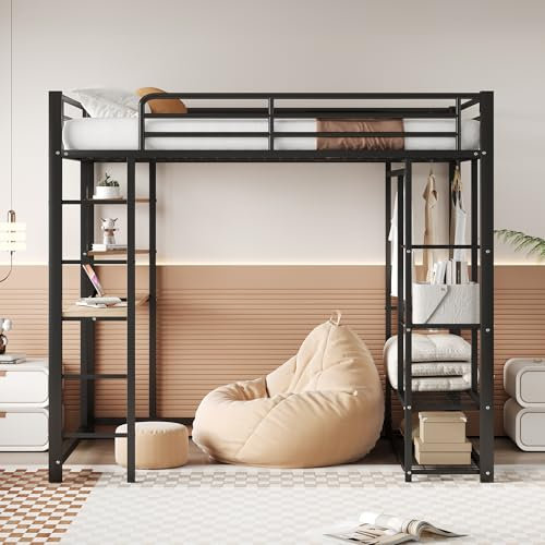 WIZBED Hochbett Metallbett 140x200cm mit Kleiderschrank, Tisch und 6 Regalen, Bettrahmen Etagenbett mit Lattenroste aus Metall, Jugendbett,Schwarz,ohne Matratze