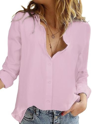 Friptspyg Bluse Damen 100% Baumwolle Langarm Lässig Hemd V-Schnitt Roll Up Ärmel Button Down Bluse Tops,Rosa XL