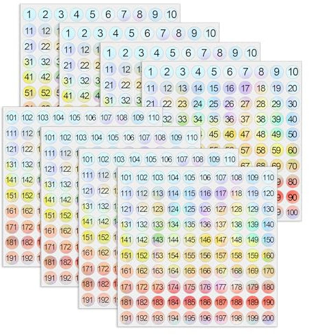 YQQYG 8 Blatt Zahlen Aufkleber 1-200, Nummer Aufkleber 1 cm, Zahlen zum Aufkleben, Selbstklebende Zahlen-Sticker, Klebezahlen für Büro, Schließfächer, Heimorganisation