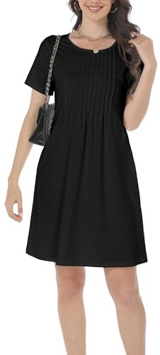 GRECERELLE Womens Summer Mini Dress Casual Short Sleeve Crew Neck Pleated Dresses with Pocket for Ladies (Black, S)