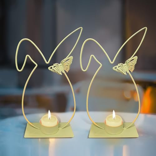 Bseical 2 Stück Metallring kerzenhalter Hase Dekoring Grün Tischdekoration Osterdeko Floristik Bastelring Frühling Kerzenhalter für Ostern Party Tischdeko
