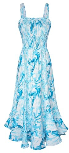 GRACE KARIN Women Summer Casual Floral Maxi Dresses Smocked Strappy A Line Dress Square Neck Blue Water-Ripples S