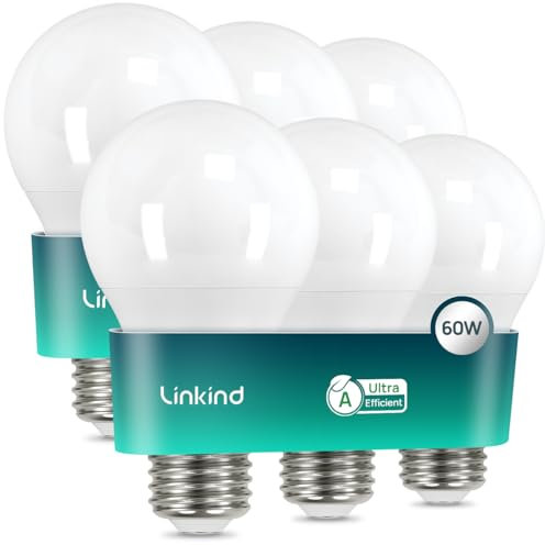 Linkind Ampoule LED E27 Ultra Efficace, 3,8W=60W, 4000K Blanc Neutre, Classe Énergétique A, Non Dimmable, A60 Edison 806lm, Angle 200°, Économie d'Énergie, Lot de 6