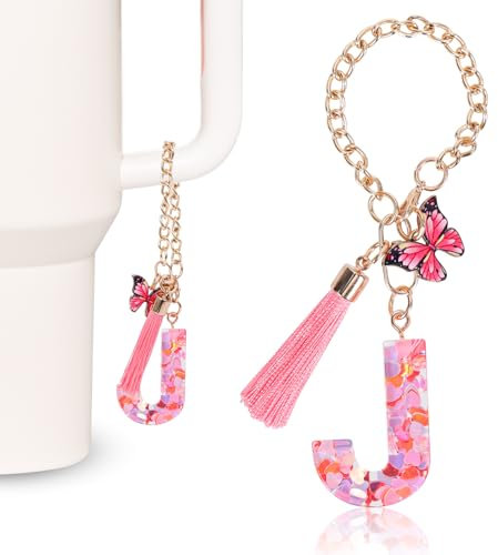 MWOOT Rosa Initiale Buchstaben Schlüsselanhänger für Frauen, Stanley Cup Anhänger, Niedlicher Initial Schlüsselanhänger Griff Charme für Stanley Becher, J