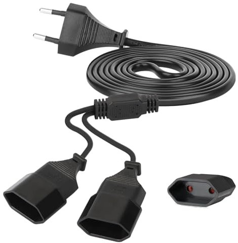 2M Stromkabel Verlängerung Netzkabel, 2-in-1 Verlängerungskabel Typ-C-Stecker Eurostecker auf Doppel Typ-C Euro Buchse,0,75 mm² Max. 2,5A/250V ,geeignet für Computer, Monitor, Beamer,Schwarz