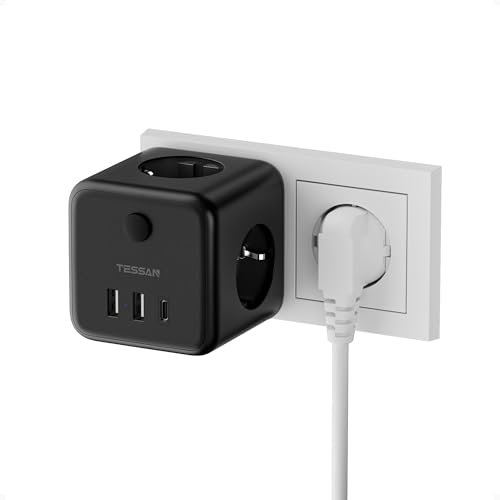 TESSAN 6 en 1 Cubo Ladron Enchufes Multiple con Interruptor, Ladrón Enchufe Pared con 3 Tomas CA y 3 USB, Cargador USB C, 2500W Regleta Pared Compatibles para Salón, Dormitorio, Oficina, Negro