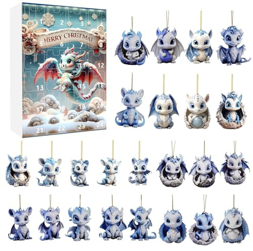 Drachen Adventskalender 2025, Weihnachts Adventskalender 2025, 24 Tage Weihnachtscountdown mit flachen 2D Drachen-Anhängern, Geschenk für Drachenfans