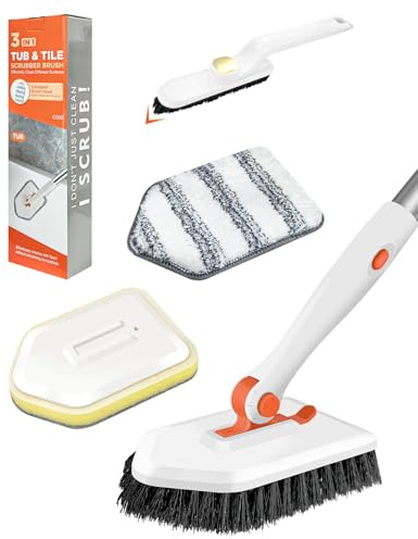 3-in-1 Tub and Tile Scrubber with Long Handle (51.2”), Telescopic Bathroom Cleaning Brush, 3 Detachable Heads and Small Gap Brush for Floor, Wall, Glass, Toilet, Bath