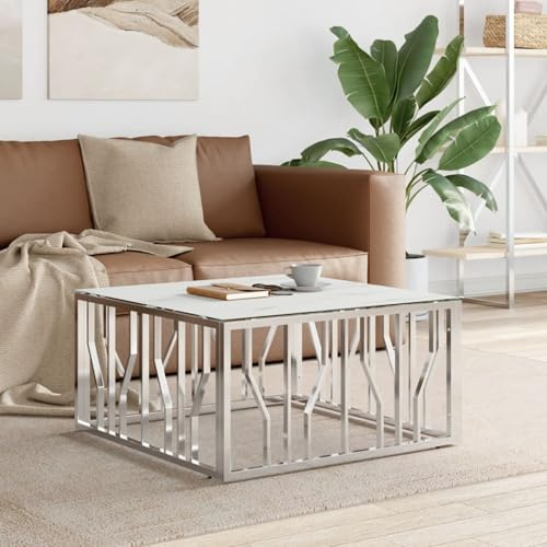 Gecheer Couchtisch Silbern 80x80x40 cm Edelstahl und Glas, Moderner Sofatisch Beistelltisch Wohnzimmertisch für kleine Wohnungen Schlafzimmer350059