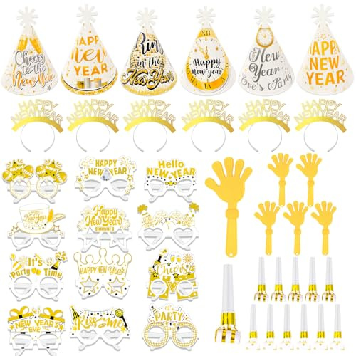 HOWAF Decorazioni Capodanno 2026, Cappellini Happy New Year, Cerchietto per Capelli, Occhiali Buon Anno Nuovo, Battimani, Trombette per Gadget Capodanno 2026, Bianco Oro