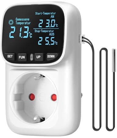 WILAWELS Deutscher Temperaturregler, Steckdose 230V mit Fühler,4 Zeitmodi | Weiße Thermostat Steckdose, Temperaturschalter, Steckdosenthermostat für Heizung, Gewächshaus, Ventilator, Wasserkocher
