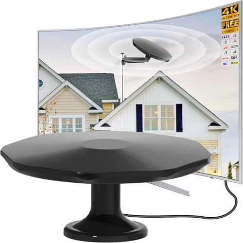Antenne TV Extérieure Puissante, Antenne TNT pour Camping Car Réception Longue Portée 360, Antenne Camping Car pour Canaux Locaux, TNT HD 4K DVB-T/T2, Câble Coaxial de 32,8 ft (Noir)