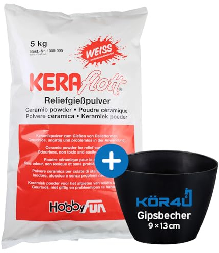 Keraflott Reliefgießpulver weiß 5kg, mit kör4u Gipsbecher, Gießen Basteln