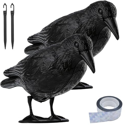 YICH Schwarz Rabe 2 Stück Raben Attrappe mit Vogelabwehr Vogelband | Realistische Raben Attrappe mit Vogelband | Wetterfester Kunststoff | Zum Abwehren von Tauben und Vögeln