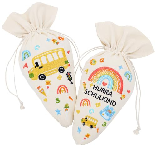 2er Set Einschulung Geschwistertüte Schultüte Jungen Mädchen-Geschwistertüte-Einschulungsgeschenke-Zuckertüte Geschenktüte Schule Schultüte Füllung Kleine Zuckertüte Schultüten-32 x 18 cm,Bestickt