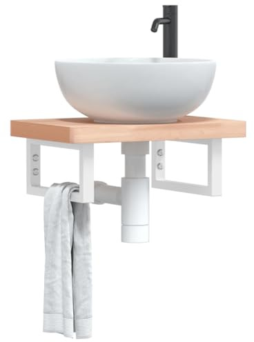 GeenYuu Étagère de Vasque Murale en Acier Blanc et Bois Massif de hêtre 50x35 cm, Support Robuste pour Meuble lavabo Salle Bain, Armoire Rangement sous évier, Colonne Placard avec Porte et tiroir