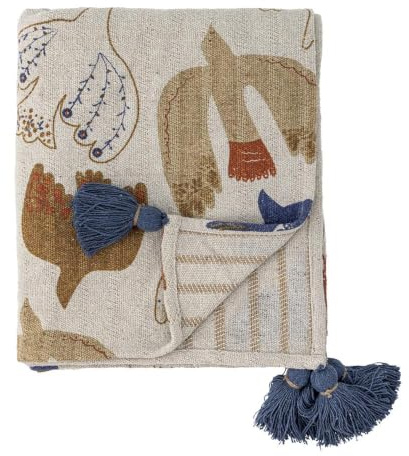 Bloomingville Anniversary Decke aus Recycelter Baumwolle, Bunt | 160x130 cm, Grafischer Druck, Blaue Quasten, Maschinenwäsche 40°, 61% Baumwolle