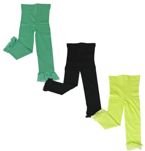 Wrapables Toddler Stretch Leggings with Lace Trim, Set of 3 (Green, Black, Lime Green)