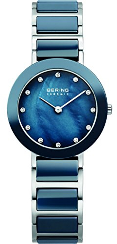 BERING Damen Quarz Uhr | Armbanduhr 29 mm silbernes Edelstahlgehäuse und blaues Zifferblatt | Edelstahlband mit Keramikelementen | 5 ATM | 11429-787